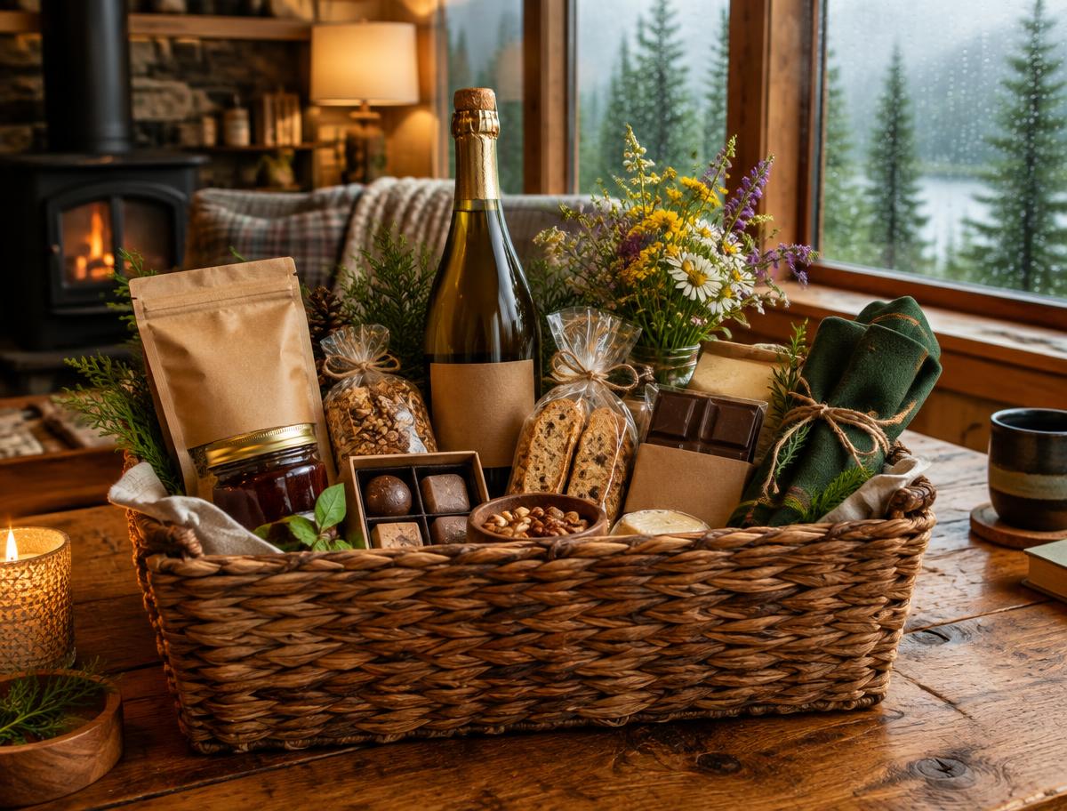 A generous local welcome basket prepared for cabin guests