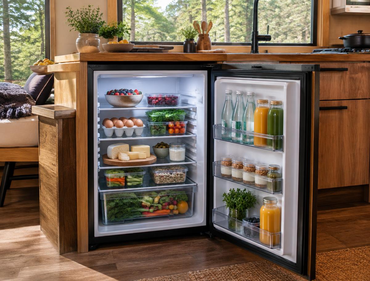 A cabin refrigerator stocked with fresh groceries before arrival