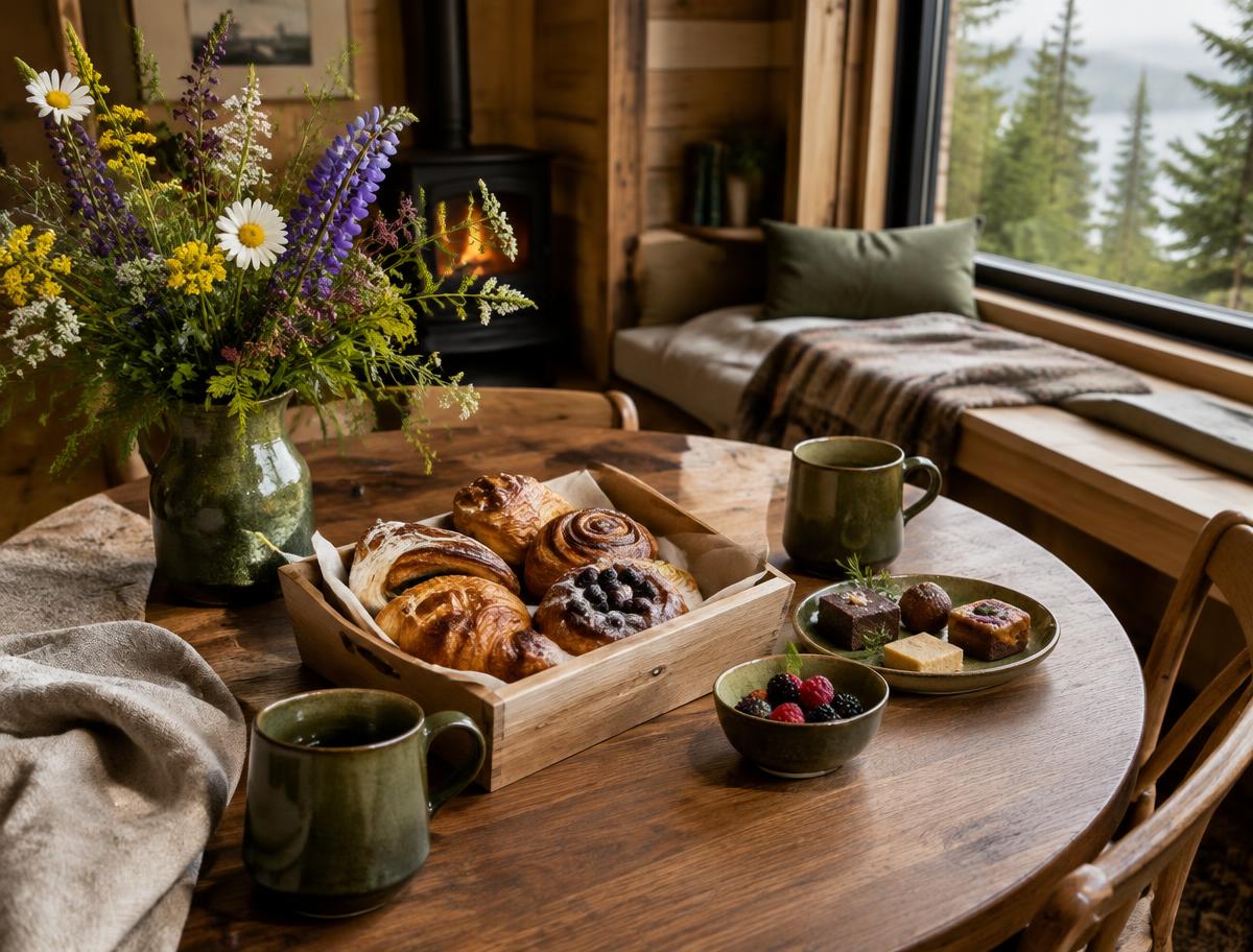 Flowers and treats arranged for a cozy cabin stay