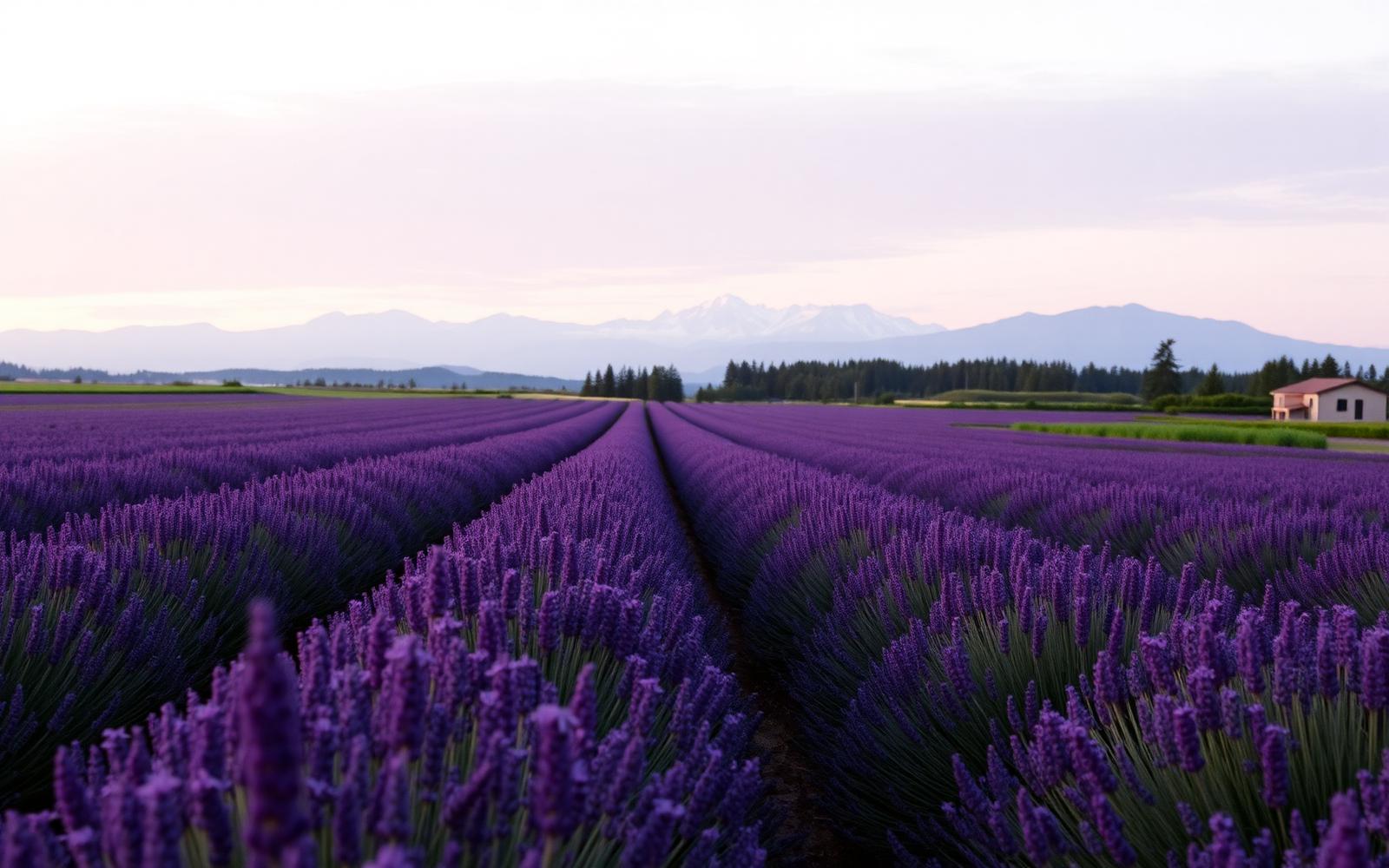 Lavender fields in Sequim with the Olympic Mountains behind them