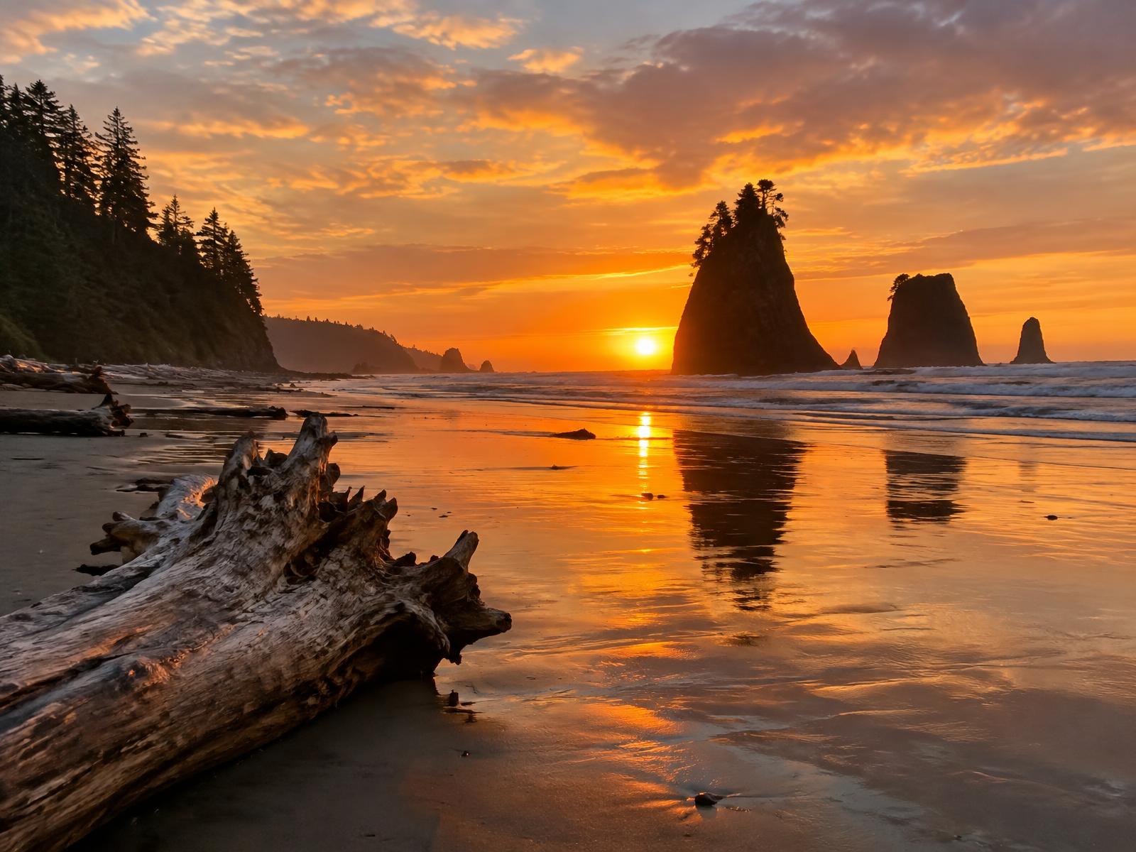 Sea stacks at sunset seen from Second Beach near La Push